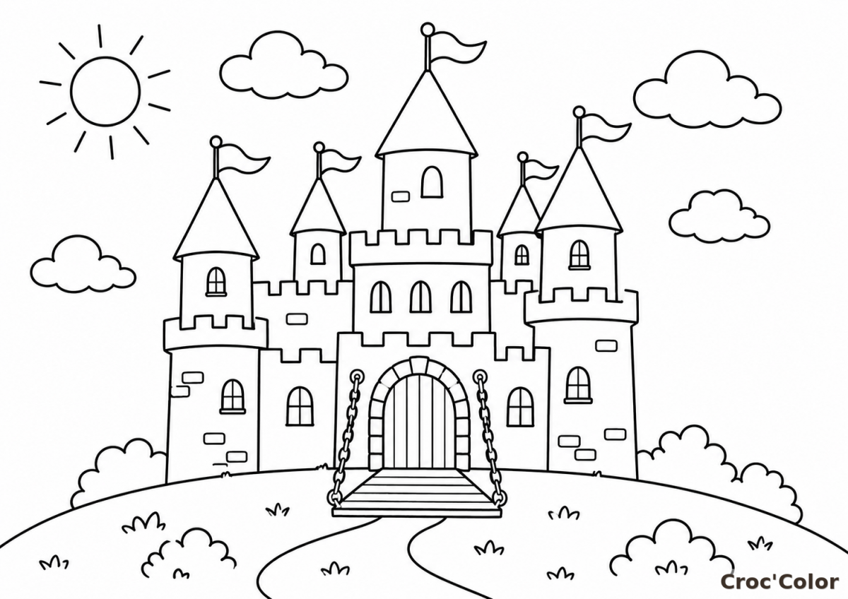 Coloriage Château Fort Pont-Levis - Dessin Château de Chevalier à Imprimer Gratuit