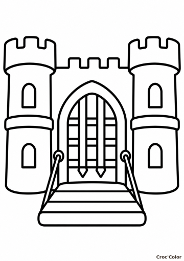Coloriage Château Fort Pont-Levis Facile – Dessin Entrée de Château, Herse, Tours et Créneaux à Imprimer Gratuit