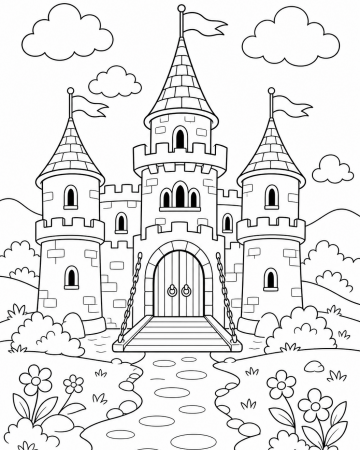 Coloriage Château Fort à Pont-Levis - Dessin Château Médiéval Maternelle à Imprimer Gratuit