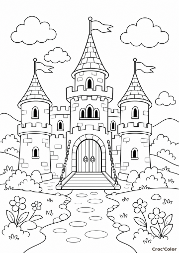 Coloriage Château Fort à Pont-Levis - Dessin Château Médiéval Maternelle à Imprimer Gratuit