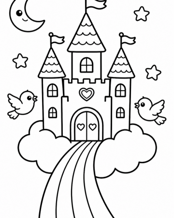 Coloriage Château Magique dans les Nuages - Dessin Facile Maternelle à Imprimer