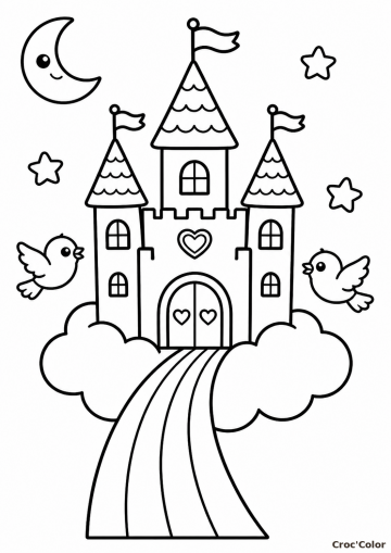 Coloriage Château Magique dans les Nuages - Dessin Facile Maternelle à Imprimer