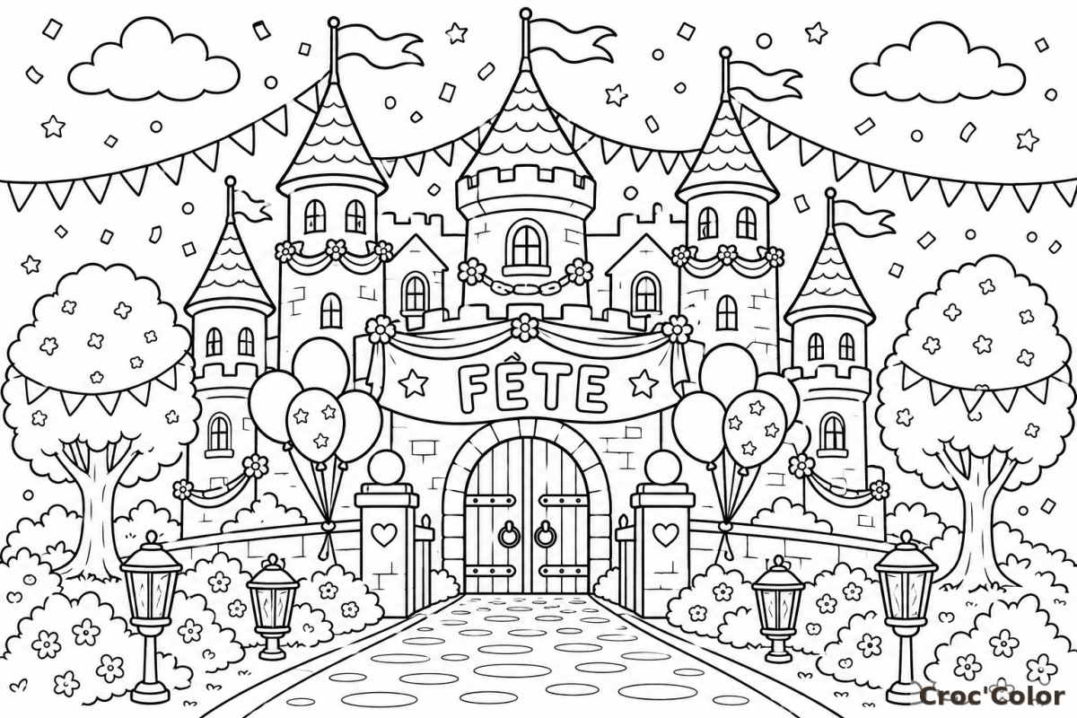 Coloriage Château de Princesse en Fête - Dessin Royaume Rigolo à Imprimer Gratuit