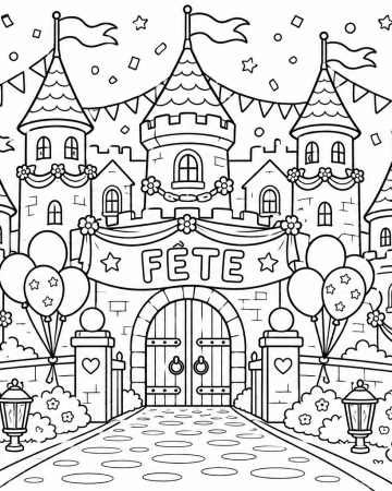 Coloriage Château de Princesse en Fête - Dessin Royaume Rigolo à Imprimer Gratuit