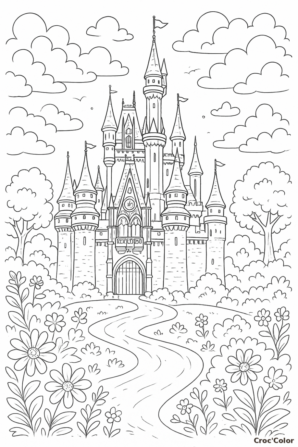 Coloriage Château de Princesse Magique - Dessin Grand Château Féerique à Imprimer
