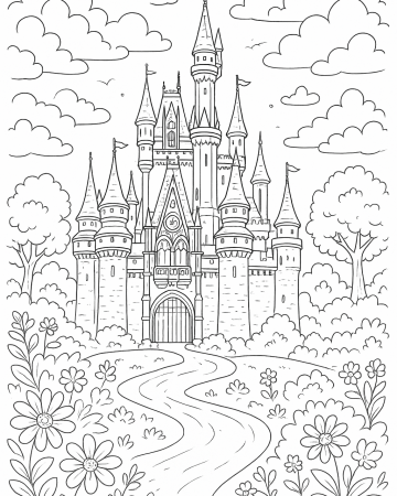 Coloriage Château de Princesse Magique - Dessin Grand Château Féerique à Imprimer