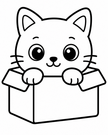 Coloriage Chaton dans sa Boîte Maternelle - Dessin Chat Facile à Imprimer Gratuit