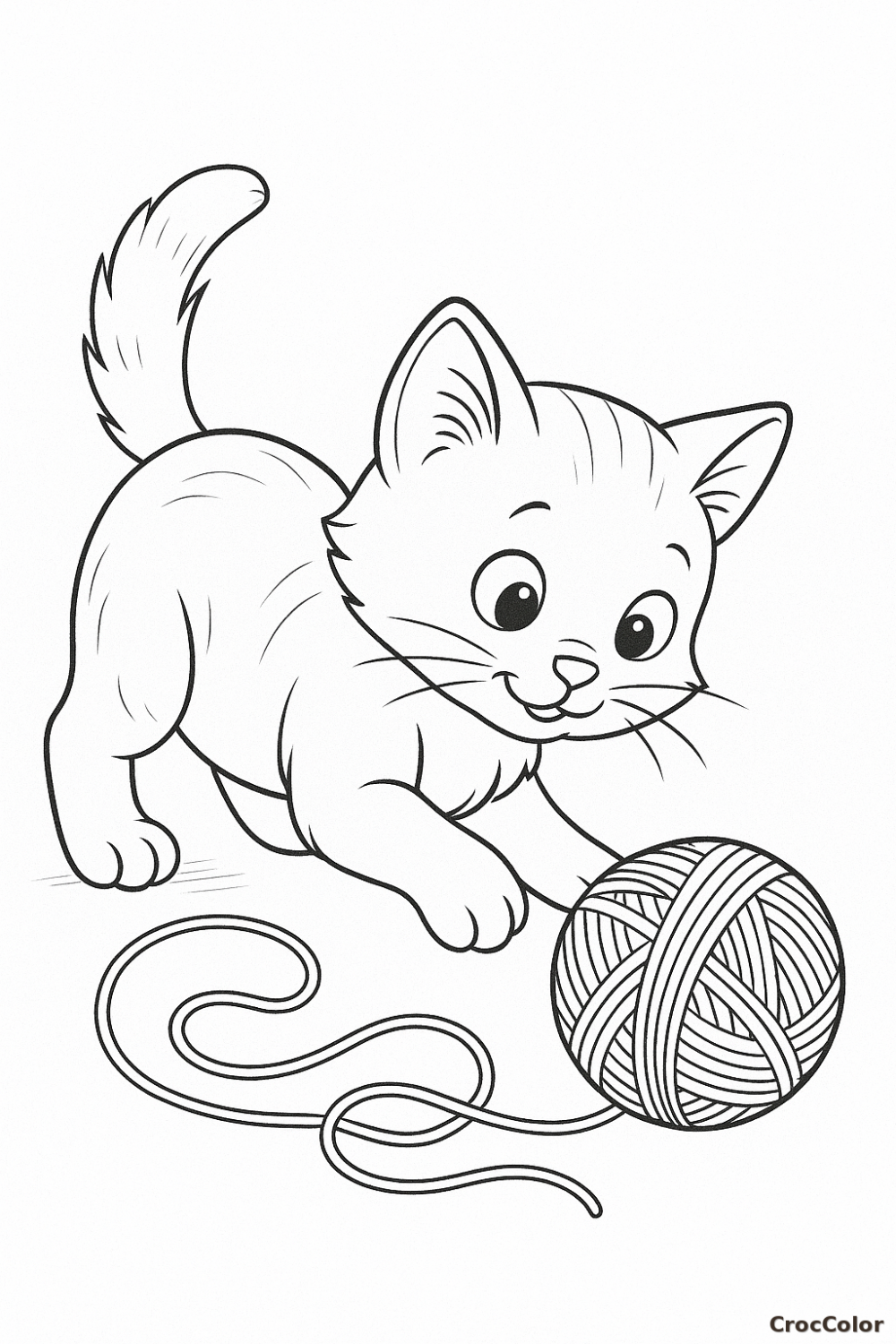 Coloriage Chaton qui joue avec une Pelote de Laine : Dessin à Imprimer