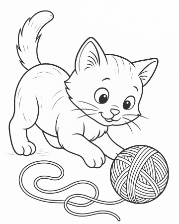 Coloriage Chaton qui joue avec une Pelote de Laine : Dessin à Imprimer