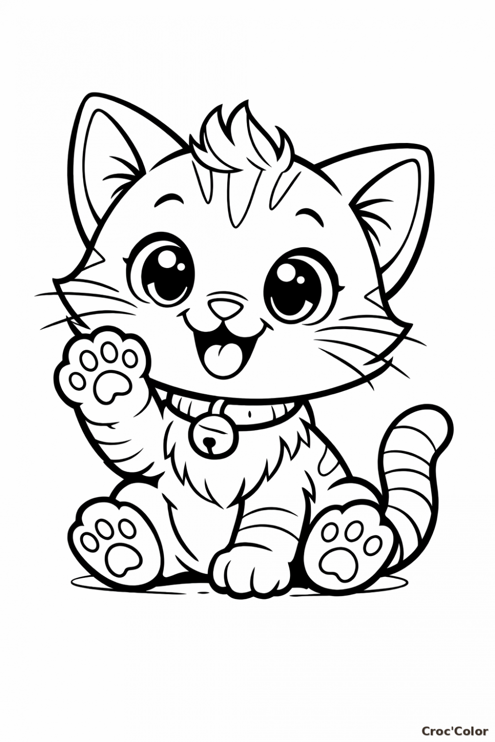 Coloriage Chaton Mignon Facile - Dessin Chat Kawaii avec Clochette à Imprimer Gratuit