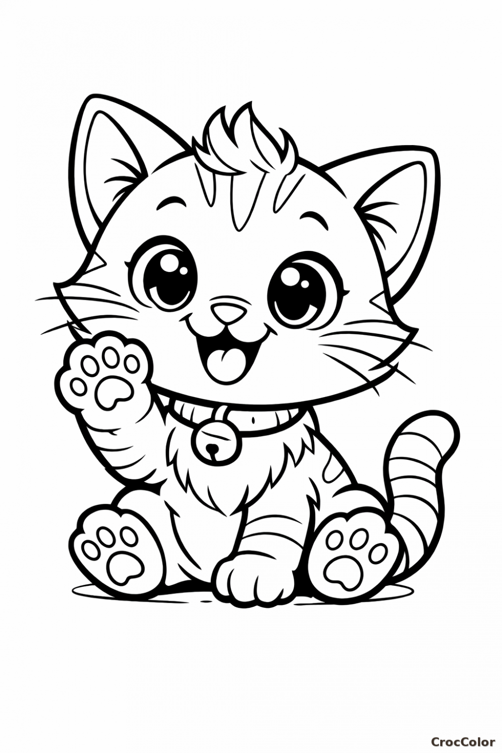 Coloriage Chaton Mignon avec Clochette : Dessin Kawaii à Imprimer Gratuit