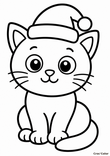 Coloriage Chaton Noël Facile Maternelle - Dessin Petit Chat, Bonnet de Père Noël à Imprimer Gratuit