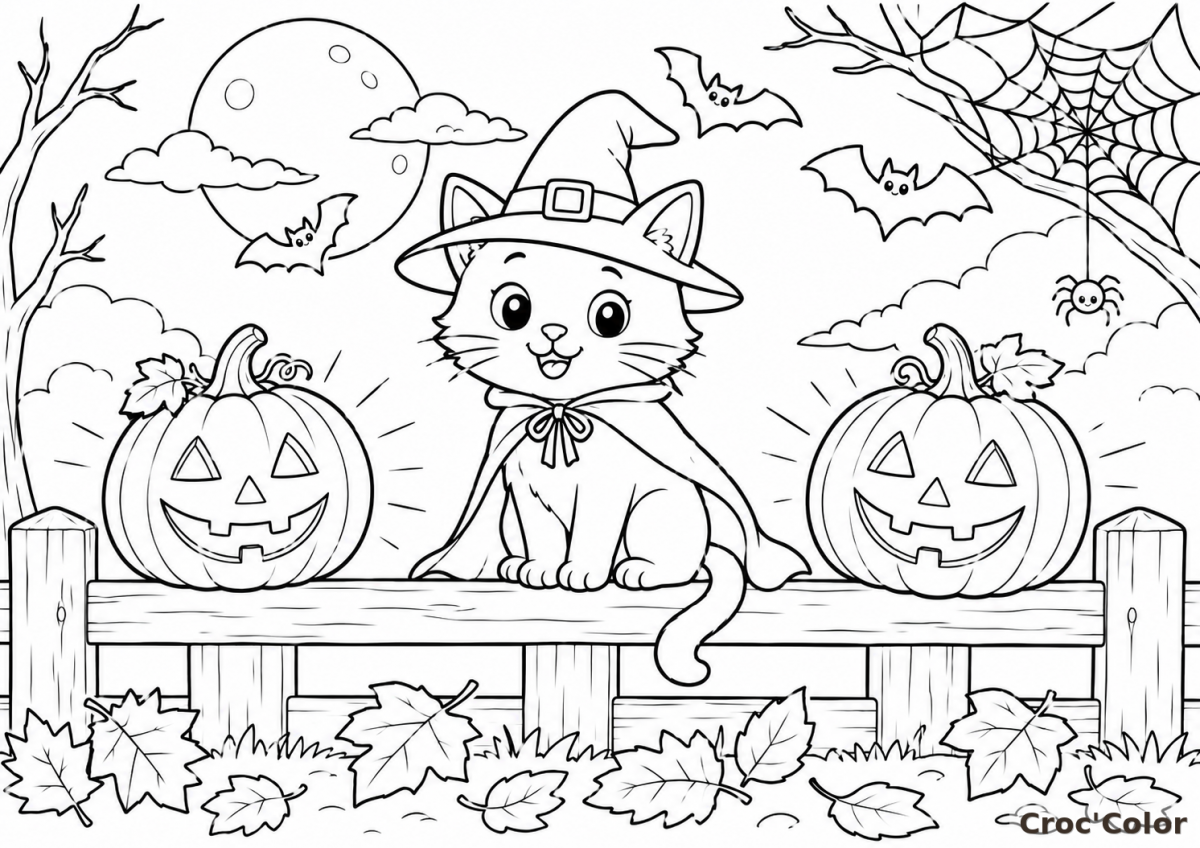 Coloriage Chaton Sorcier d'Halloween - Dessin Chat et Citrouilles à Imprimer Gratuit