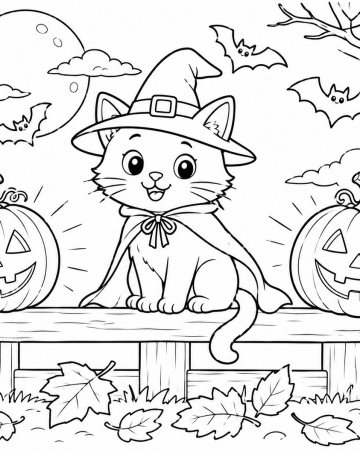 Coloriage Chaton Sorcier d'Halloween - Dessin Chat et Citrouilles à Imprimer Gratuit