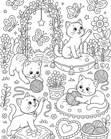 Grand Coloriage Chatons dans un Jardin Fleuri - Dessin Difficile et Détaillé