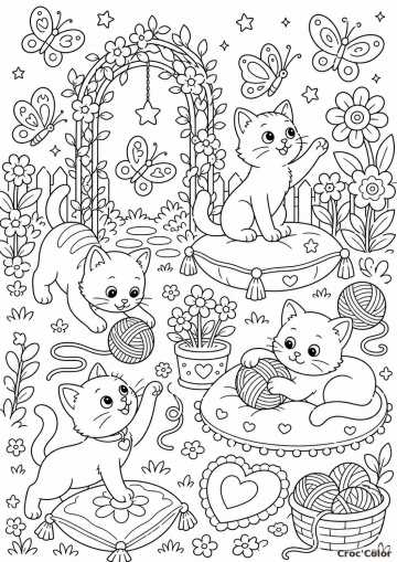 Grand Coloriage Chatons dans un Jardin Fleuri - Dessin Difficile et Détaillé