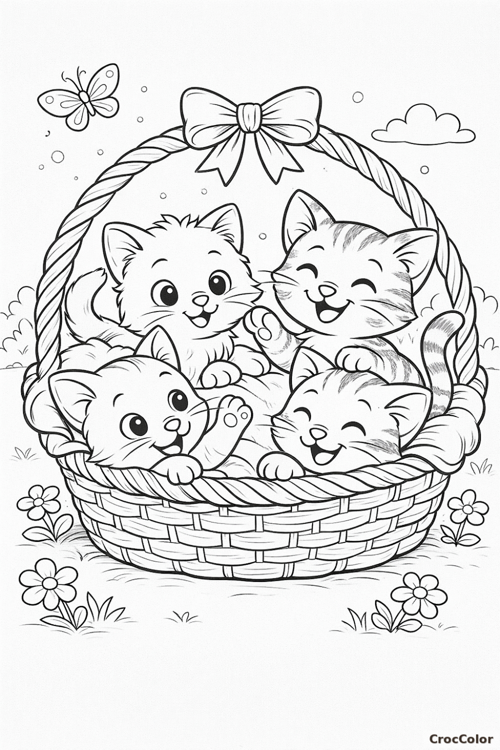 Coloriage Quatre Petits Chatons dans un Panier : Dessin Mignon à Imprimer