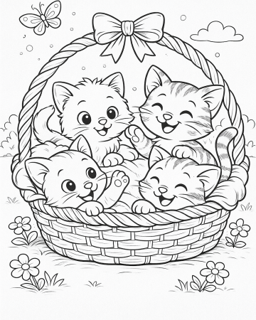 Coloriage Quatre Petits Chatons dans un Panier : Dessin Mignon à Imprimer