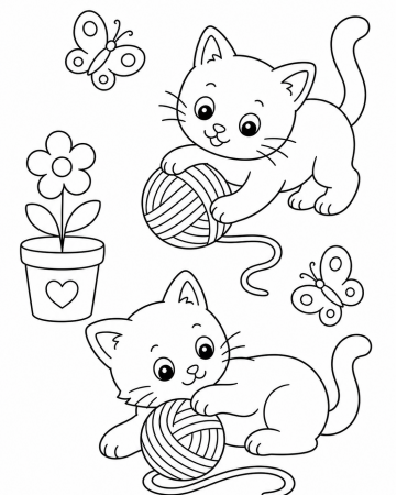 Coloriage Chatons Mignons avec Pelotes de Laine - Dessin Animaux Gratuit