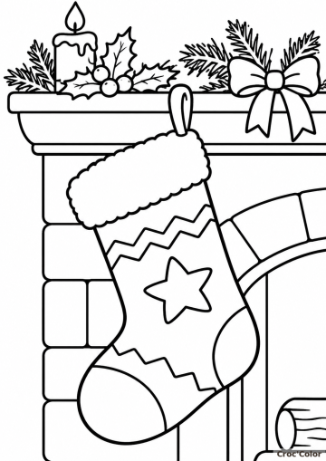 Coloriage Chaussette de Noël Facile - Dessin Chaussette à Étoile, Cheminée, Bougie et Houx à Imprimer Gratuit