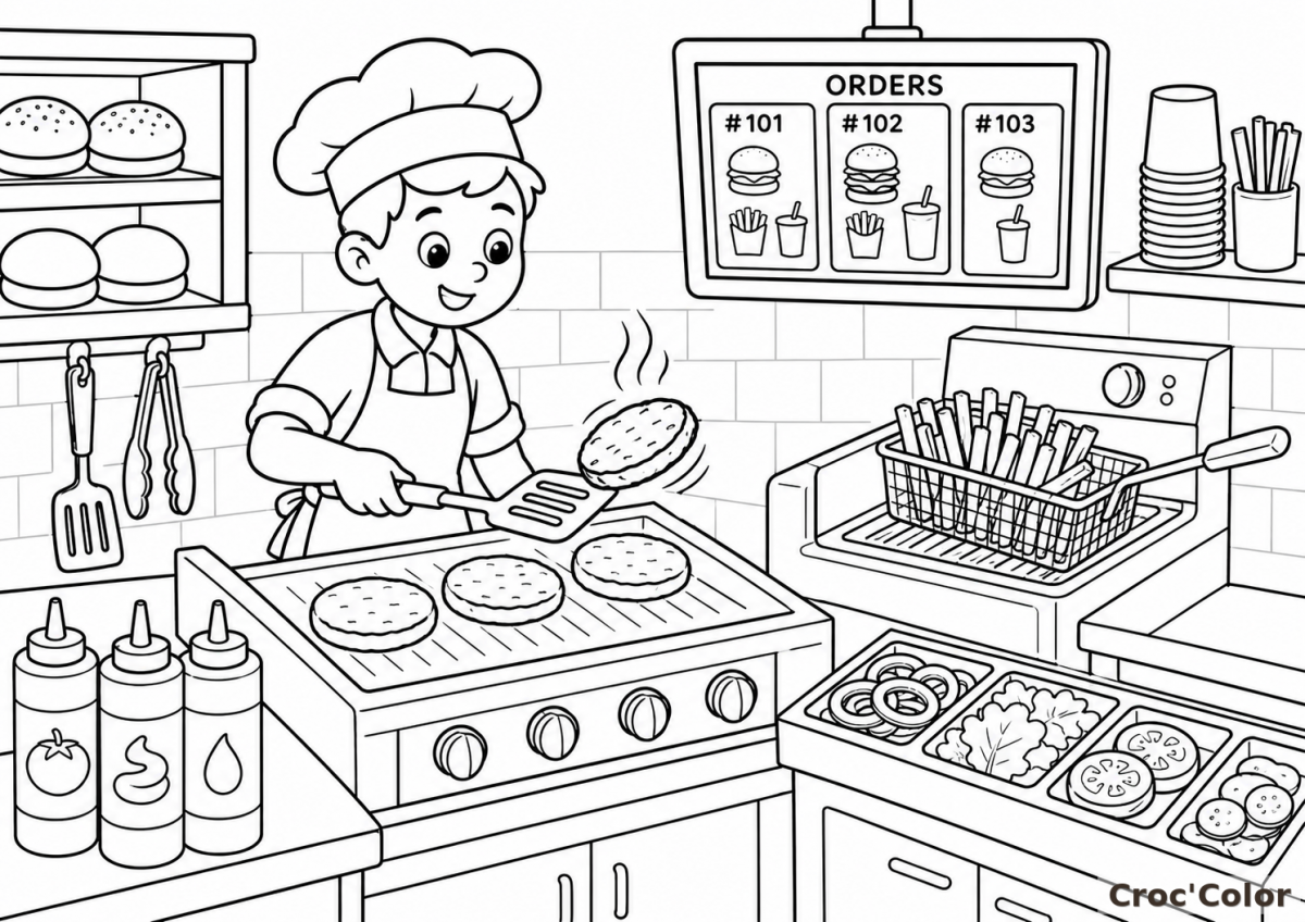Coloriage Chef Cuisinier Hamburger - Dessin Cuisine Fast-Food à Imprimer Gratuit
