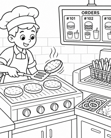 Coloriage Chef Cuisinier Hamburger - Dessin Cuisine Fast-Food à Imprimer Gratuit