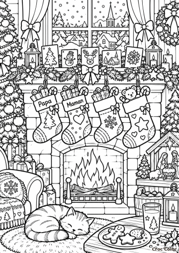 Coloriage Cheminée de Noël et Chat Endormi Difficile - Dessin Chaussettes Famille, Crèche, Biscuits et Sapin à Imprimer Gratuit