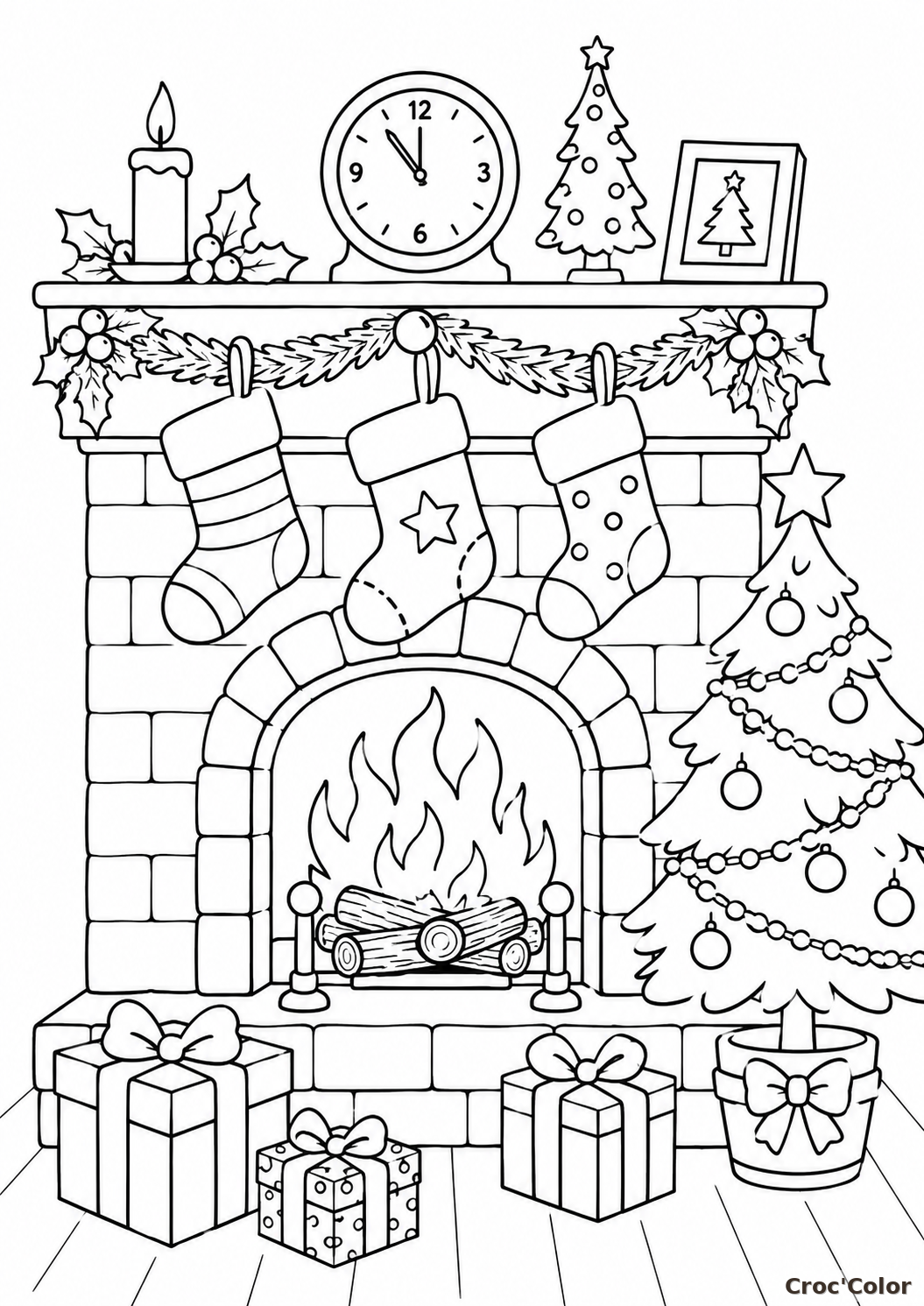Coloriage Cheminée de Noël Facile - Dessin Chaussettes de Noël, Cadeaux, Feu de Bois et Sapin à Imprimer Gratuit