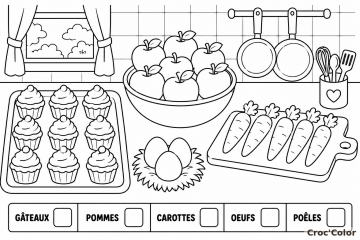 Coloriage Coloriage et Jeu Cherche et Trouve la Cuisine – Dessin d&rsquo;Éveil Compter les Aliments à Imprimer Gratuit à imprimer