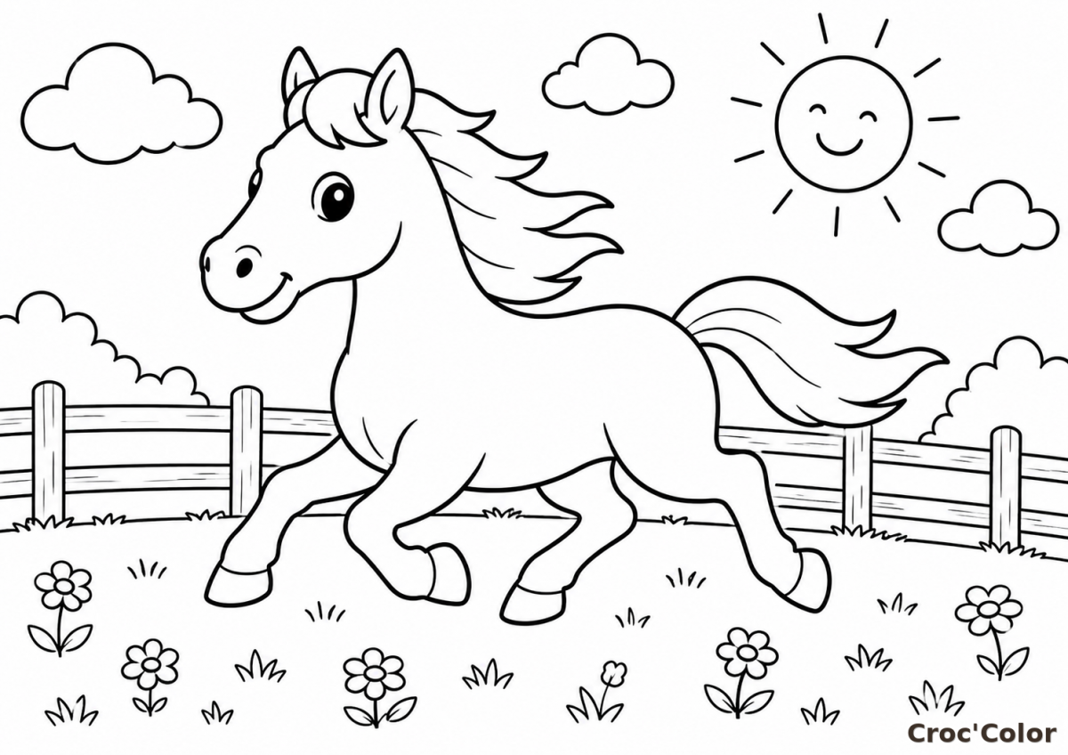 Coloriage Cheval Galopant dans le Pré - Dessin Poney Joyeux à la Ferme à Imprimer Gratuit