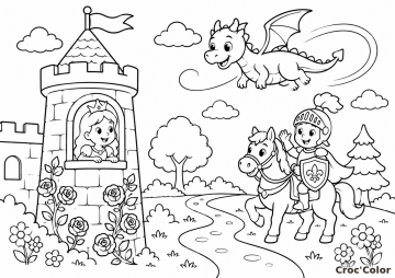 Coloriage Chevalier à Cheval et Princesse - Dessin Tour du Château, Princesse, Dragon Volant et Chevalier à Imprimer Gratuit