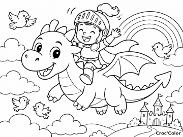 Coloriage Chevalier Chevauchant un Dragon Facile - Dessin Vol au-dessus du Château et Arc-en-Ciel à Imprimer Gratuit