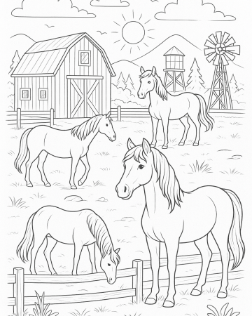 Coloriage Chevaux à la Ferme - Dessin Poneys au Paysage Rural à Imprimer Gratuit