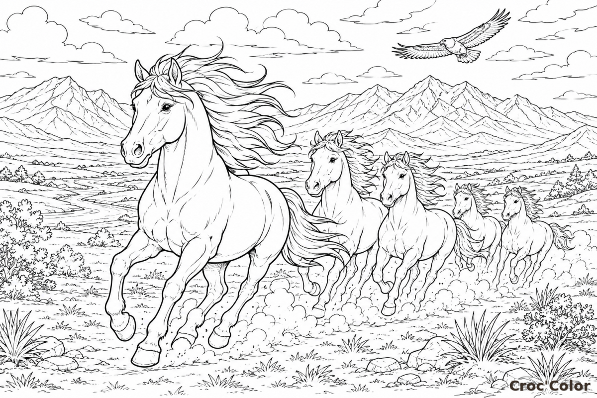 Coloriage Chevaux Sauvages en Liberté dans les Montagnes - Dessin Troupeau de Mustang, Aigle et Paysage à Imprimer Gratuit