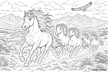Coloriage Chevaux Sauvages en Liberté dans les Montagnes - Dessin Troupeau de Mustang, Aigle et Paysage à Imprimer Gratuit