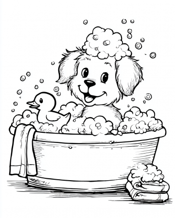 Coloriage Chien Bain Facile Maternelle - Dessin Chiot dans sa Baignoire à Imprimer Gratuit