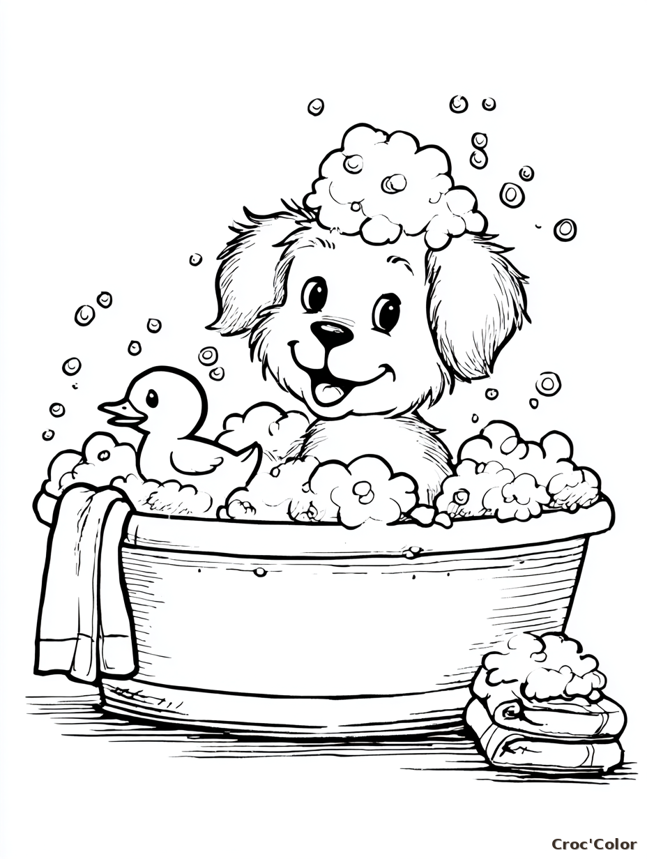 Coloriage Chien Bain Facile Maternelle - Dessin Chiot dans sa Baignoire à Imprimer Gratuit