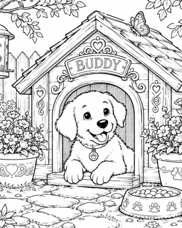 Coloriage Chien Buddy dans sa Niche - Dessin Chiot et Jardin Fleuri à Imprimer Gratuit