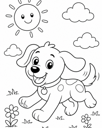 Coloriage Petit Chien Rigolo et Soleil Souriant - Dessin Facile à Imprimer