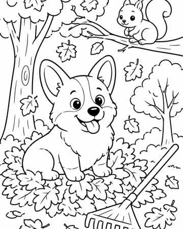 Coloriage Chien Corgi en Automne - Dessin Écureuil et Feuilles Mortes à Imprimer Gratuit