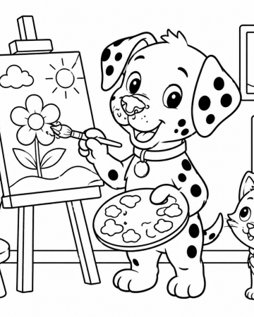 Coloriage Chien Dalmatien Peintre - Dessin Chiot Artiste et Petit Chat Mignon à Imprimer Gratuit