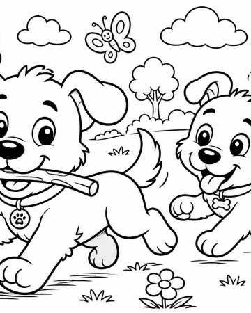 Coloriage Chien Facile Maternelle - Dessin Deux Chiots Jouent au Parc à Imprimer Gratuit