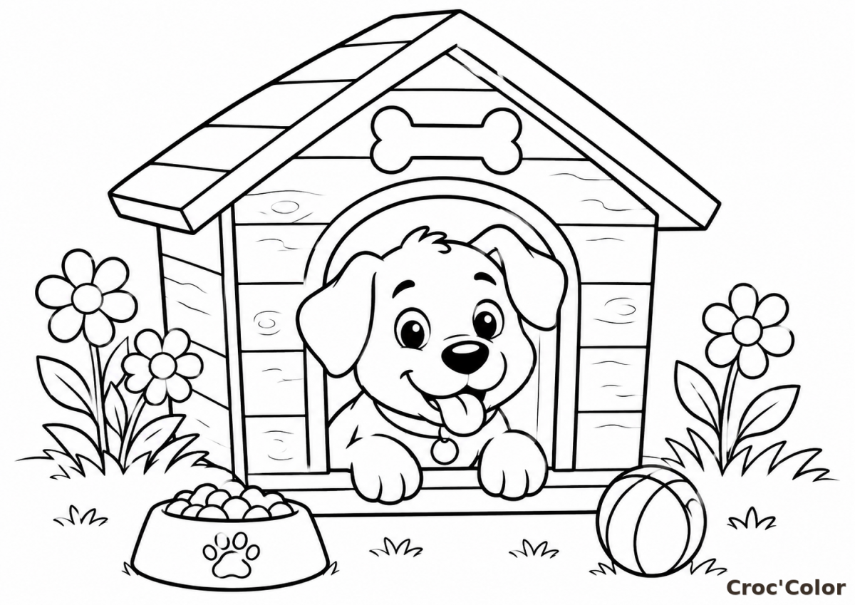 Coloriage Chien Mignon Niche - Dessin Chiot et Gamelle Facile à Imprimer Gratuit