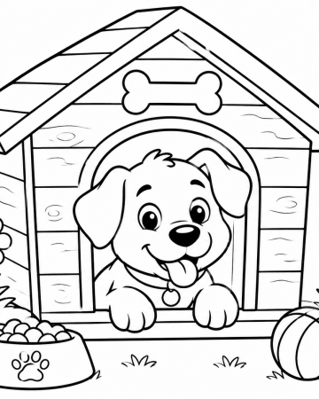 Coloriage Chien Mignon Niche - Dessin Chiot et Gamelle Facile à Imprimer Gratuit