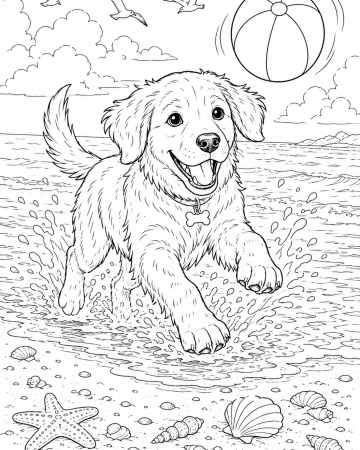 Coloriage Chien à la Plage Facile - Dessin Chiot Joyeux et Ballon de Mer à Imprimer Gratuit