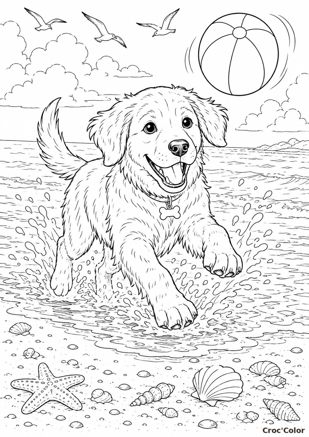 Coloriage Chien à la Plage Facile - Dessin Chiot Joyeux et Ballon de Mer à Imprimer Gratuit