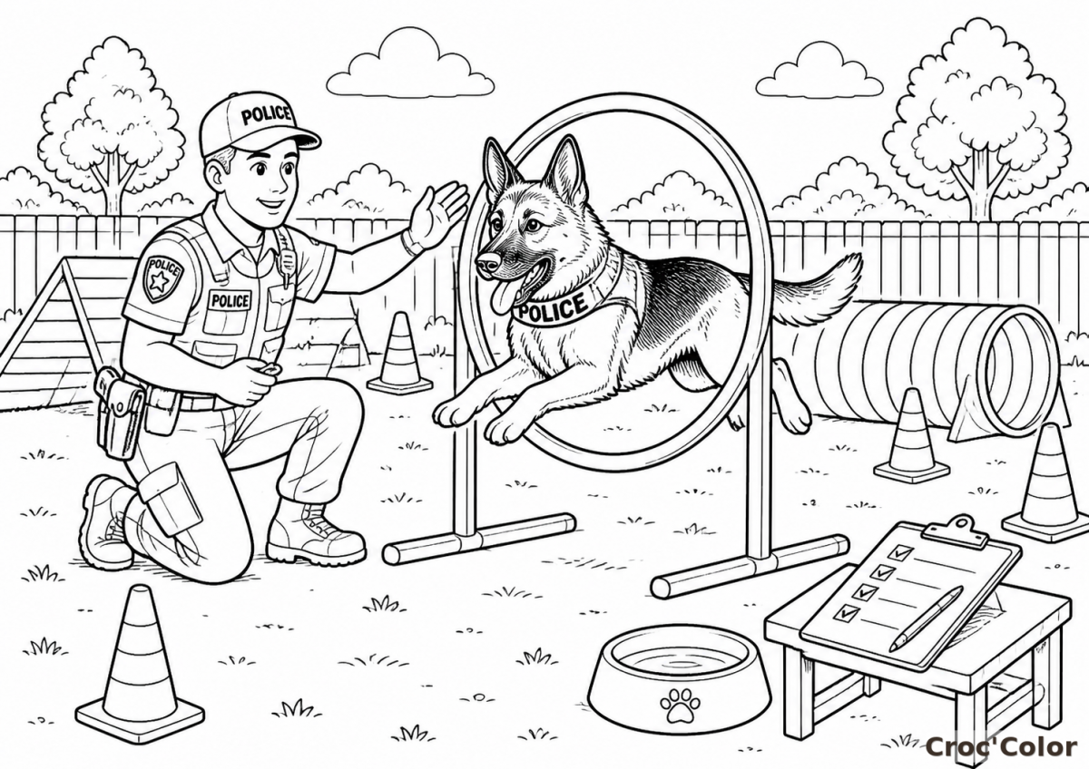 Coloriage Chien Policier K9 et Entraînement Agilité - Dessin Berger Allemand à Imprimer