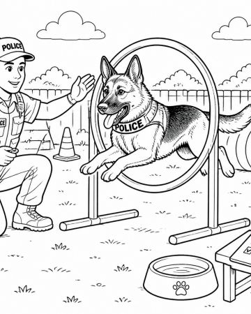 Coloriage Chien Policier K9 et Entraînement Agilité - Dessin Berger Allemand à Imprimer