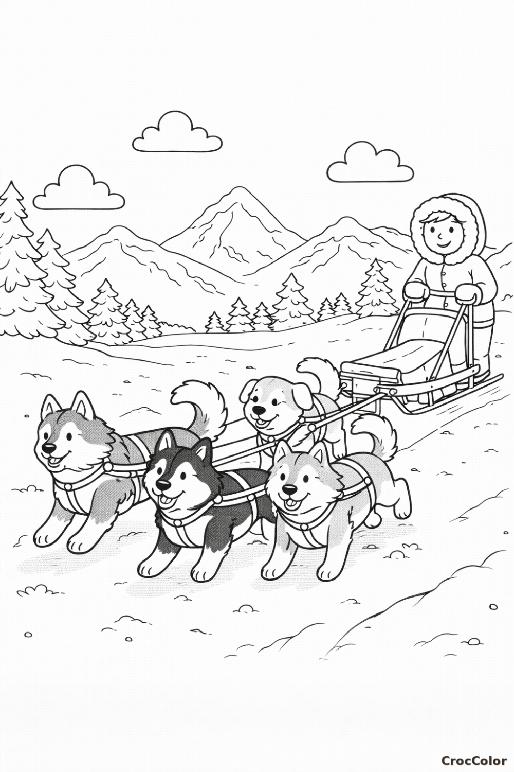 Coloriage Chiens de Traîneau et Musher : Aventure Polaire à Imprimer