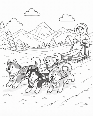 Coloriage Chiens de Traîneau et Musher : Aventure Polaire à Imprimer